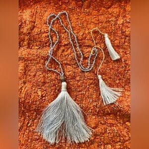Delicate baby Blue seed bead necklace with tassel pendant adjustable closure